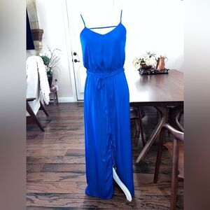 Blue Belted Satin Slip Maxi Dress, Royal Blue, lightweight, front Slit, size 8